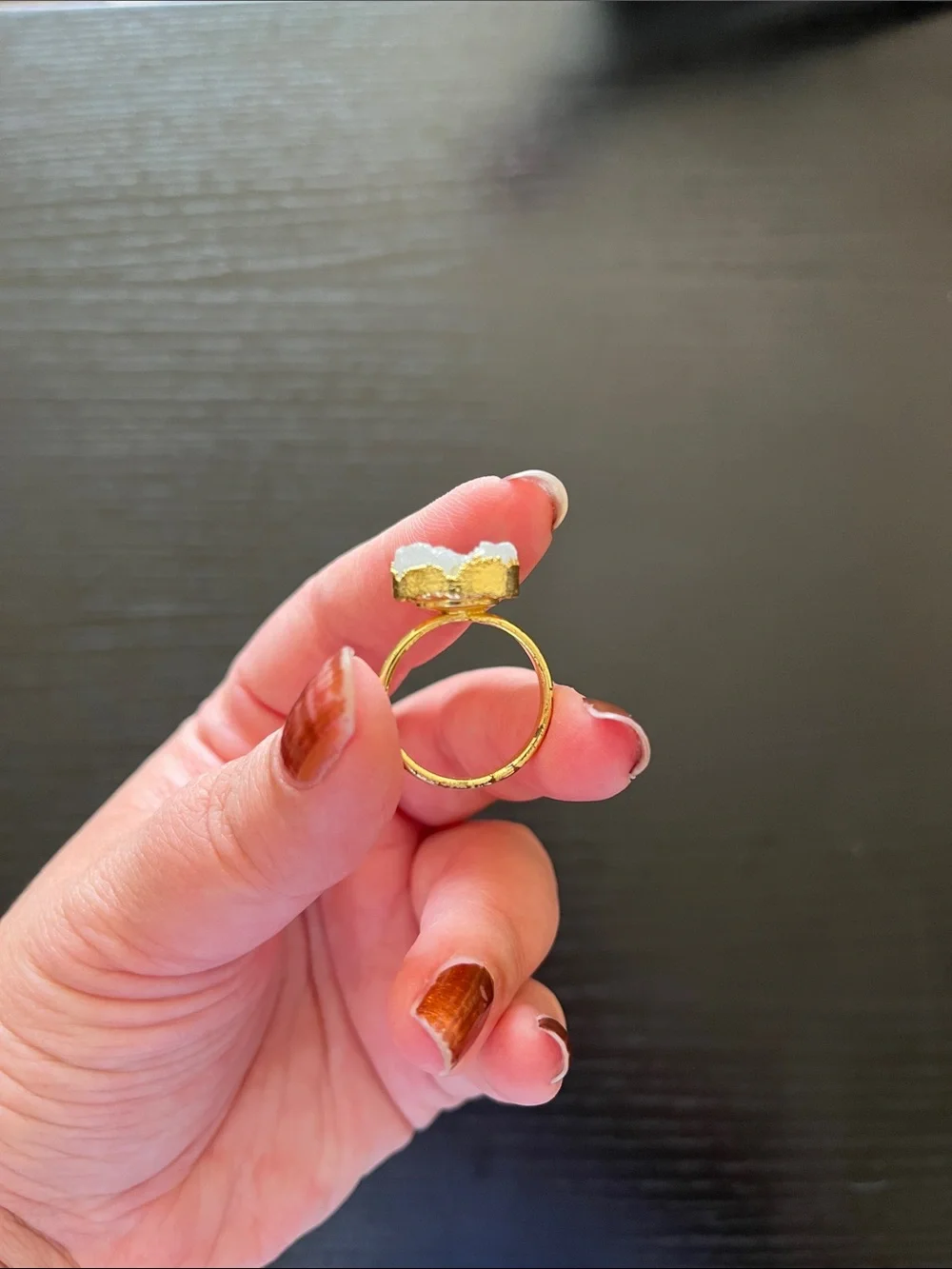 Gold Ring with White Druzy Stone - Elegant Women's Jewelry